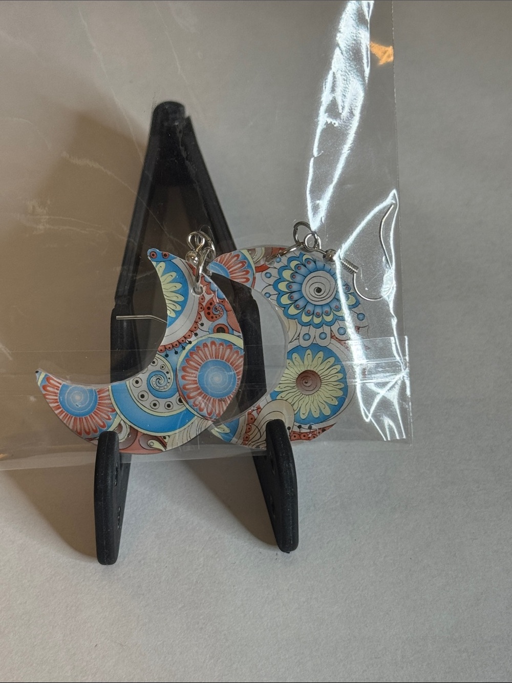 Crescent Moon boho Floral Pattern Earrings - Blue & Coral
